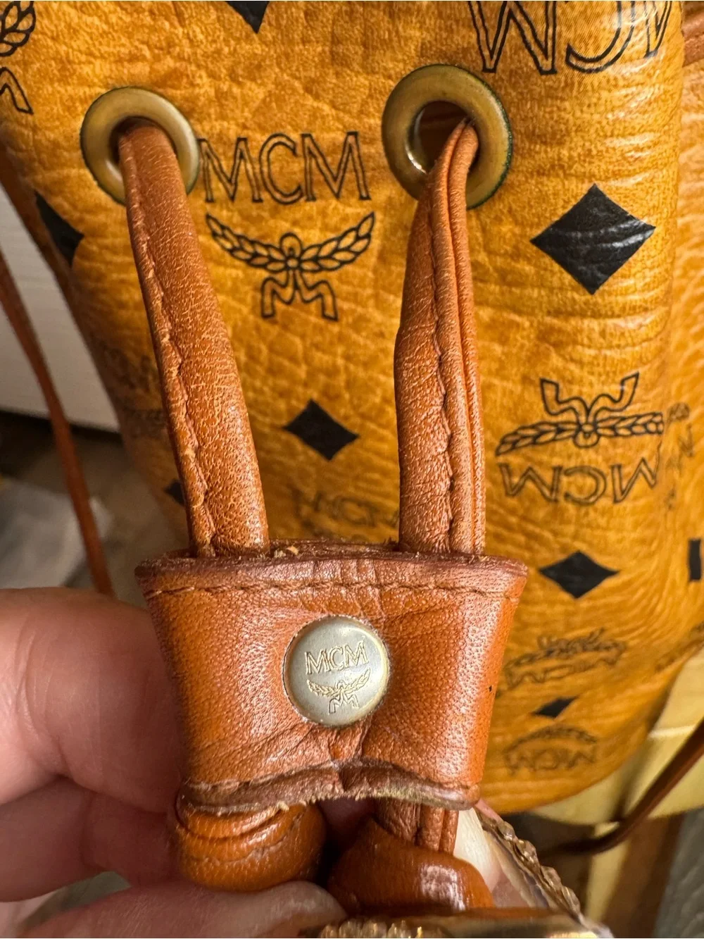 MCM Cognac Visetos Monogram Drawstring Bucket Bag - Picture 6 of 15